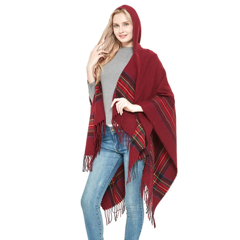 high quality hooded shawl  woven poncho for ladieswith front opening fashion autumn winter scarf