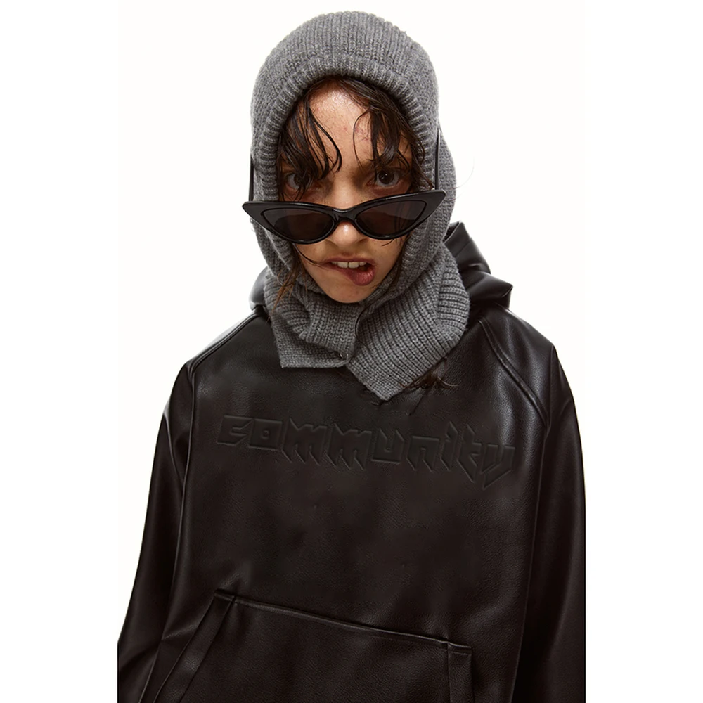 OEM Customize PU Leather Hoodie 3D Embossed Long Sleeve Oversized Pullover Hoodie with Pocket for Men