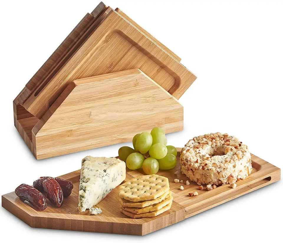 Bamboo cheese board with display stand, wooden deli platter and meat serving board for housewarming, parties and weddings