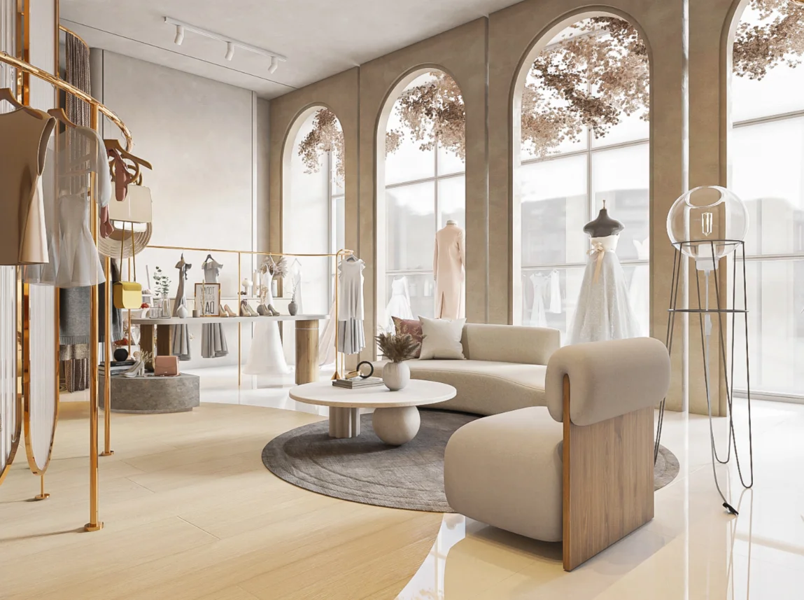High End clothing interior display accessories design rose gold stainless steel shelves delicate clothing display rack