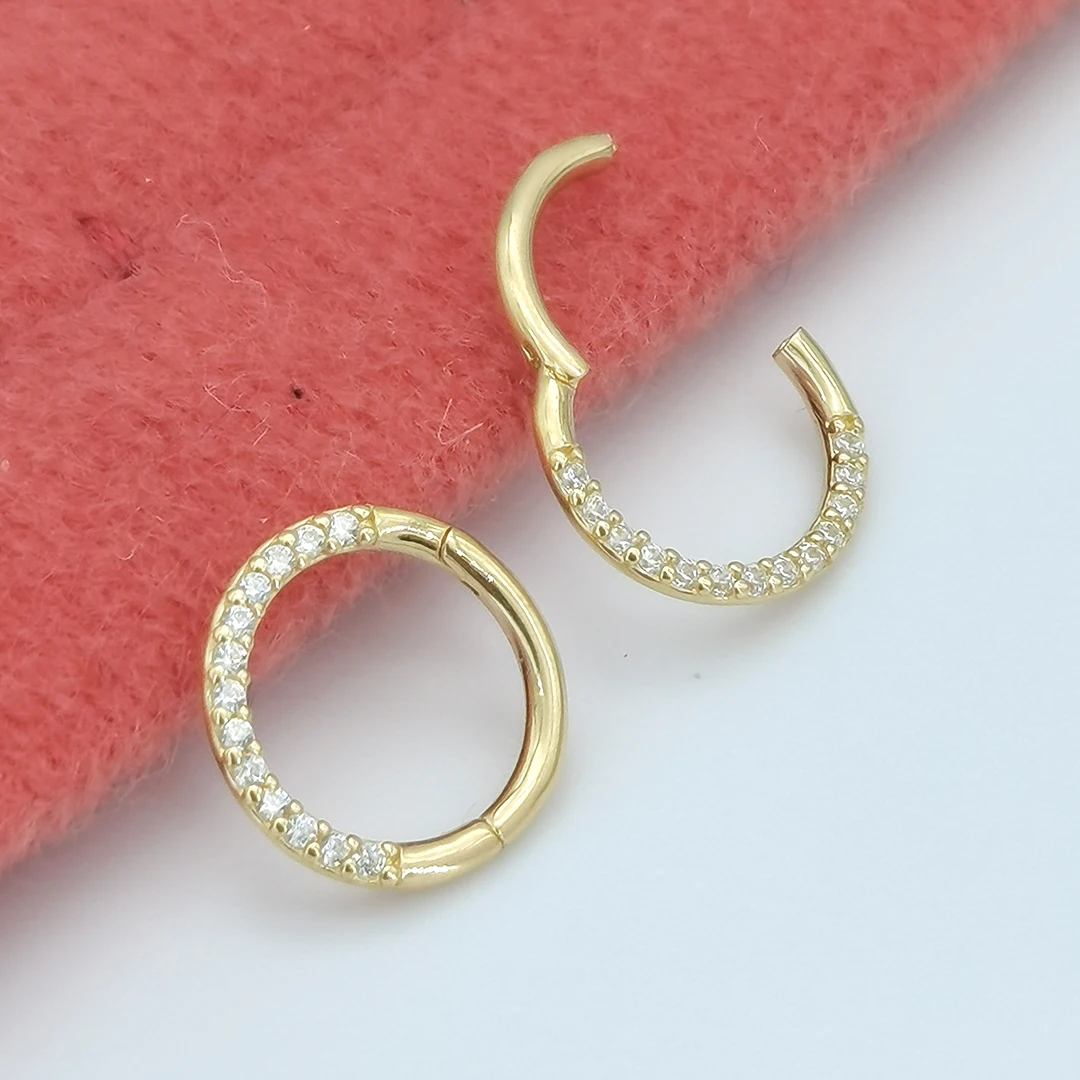 Custom 14k Solid Yellow Gold Hip Hop Hinged Segment Clicker Paved Bling CZ Jewelry Septum Daith Wholesale Piercing Ring