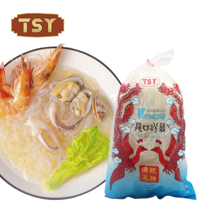 TSY Food Oem China Manufacturer 100g 200g 250g 500g Shandong Mungbean Vermicelli Low Fat Thin Starch Instant Dry Glass Noodles