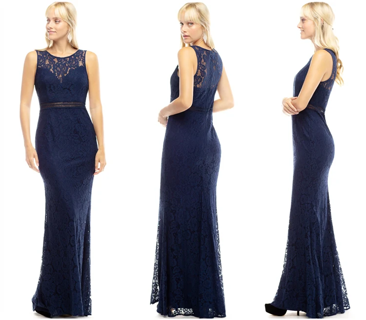 
Latest design o-collar classic hollow out navy blue bridesmaid dress lace fishtail 