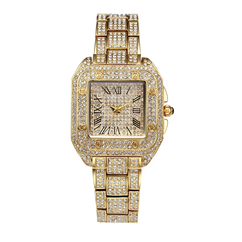 Square Dial Iced Out Luxury Lady Quartz Watch Gold Women Wrist Watch Fashion Stainless Steel Wristwatches
