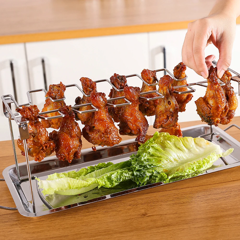 Manjia 14 Slots BBQ Chicken Wing Leg Rack With mat and Stainless Steel Drip Pan Drumsticks Roaster Stand For Oven