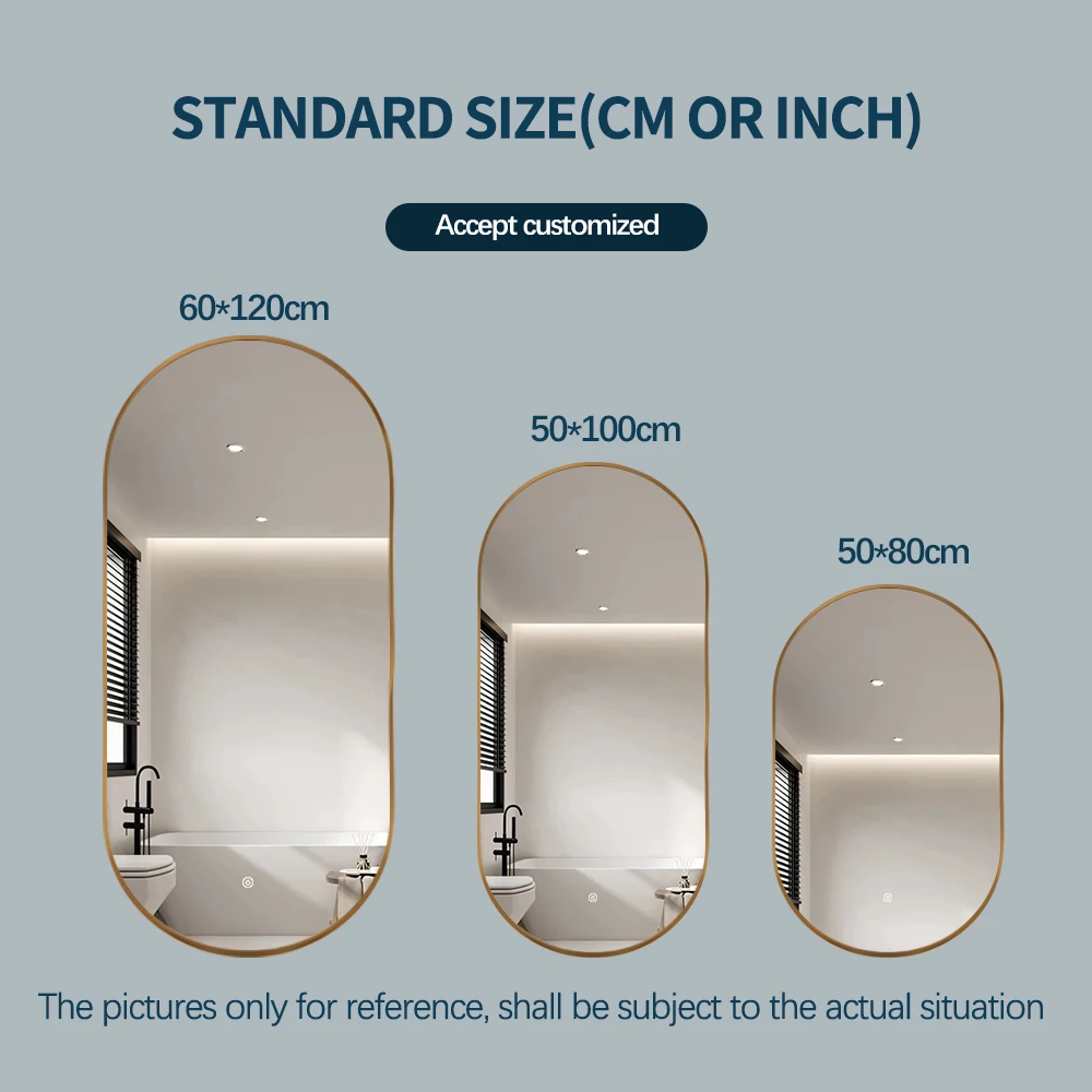 Factory Oval Gold Aluminum Frame Hair Salon Mirror Illuminated Touch Screen Led Bath Smart Mirrors For Bathroom