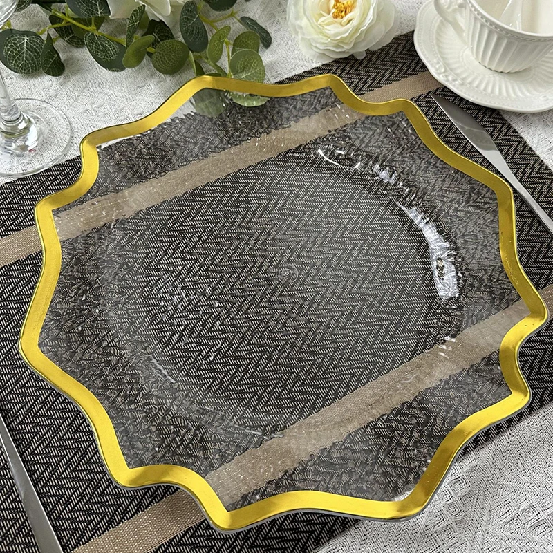 2023 Hot Sale Clear Plastic Charger Plates Gold Rim Wedding Plates Banquet Plastic Plate Set Wedding Dish