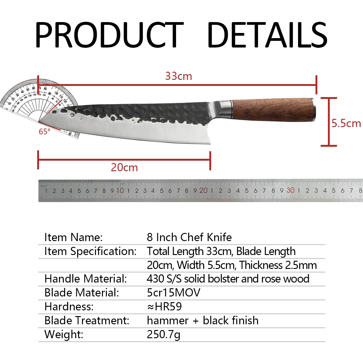 Stainless steel hand-forged hammered steel head chef knife double steel head knife meat cleaver with wooden handle