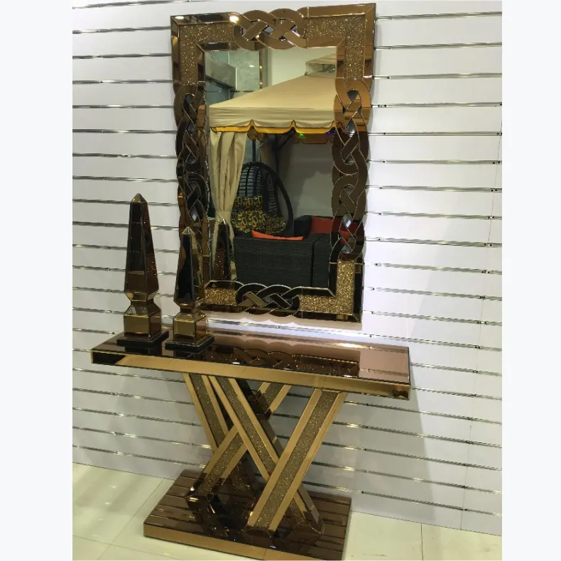 Товары Foshan, квадратное настенное зеркало с кристаллами цвета розового золота, мебель с кристаллами, стол для прихожей с зеркалом