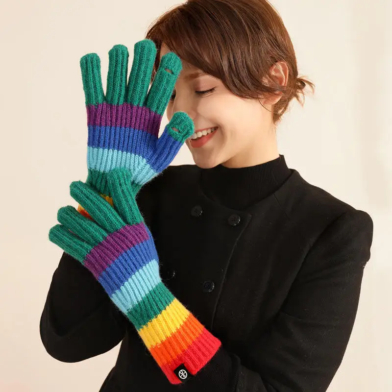 Rainbow Striped Touch Screen Winter Hand Gloves with Holes