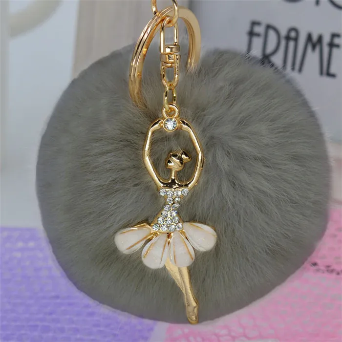 Hot Fashion Women Fur Ball Ballet Dancer Pom Pom Charm Car Keychain Handbag Key Ring Pendant