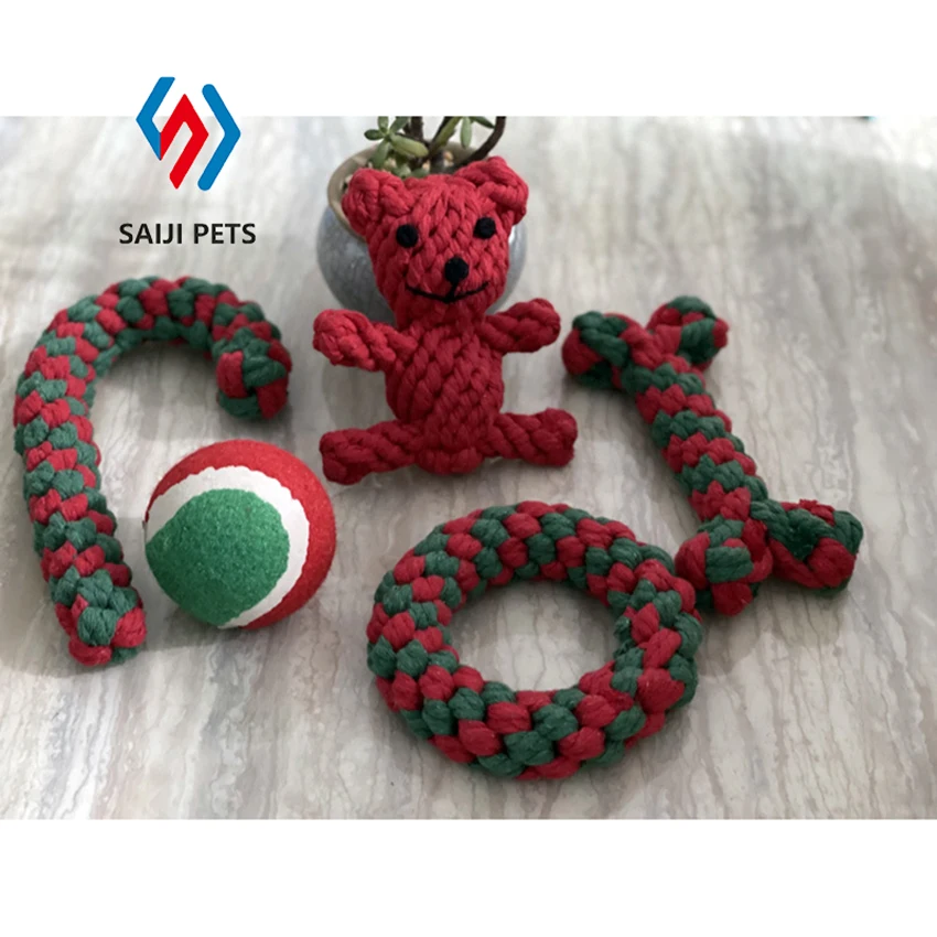 Wholesale new hand-knitted Christmas set pet teething stick dog interactive tooth cleaning toys pet dog cotton rope toy