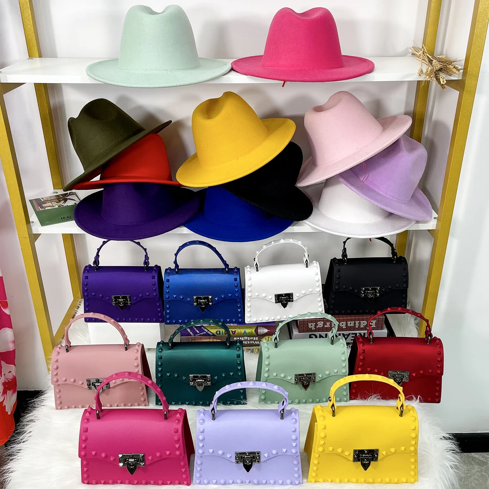 2021 Designer PVC Jelly bag matching hat ladies Matte Rivet HandBags high quality fedora hats and purse Set