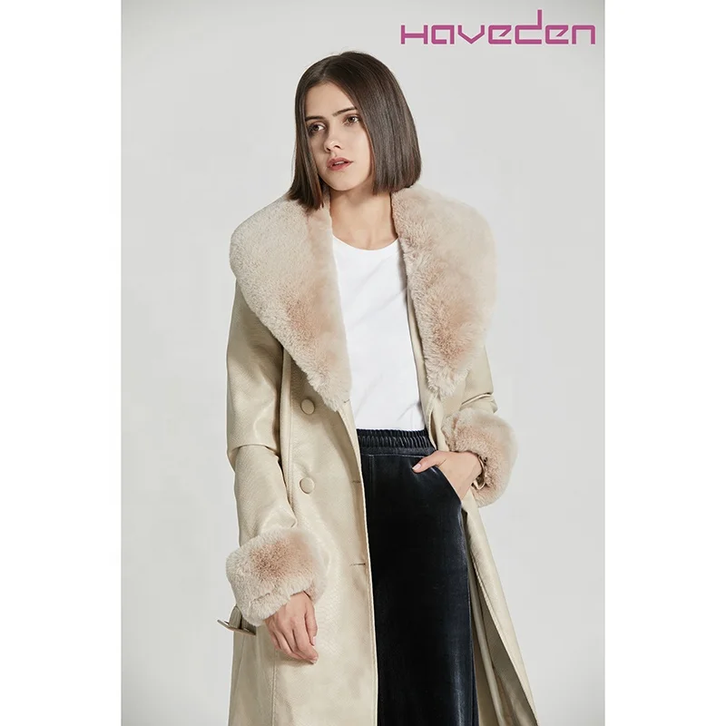 Long Pu coat large fur collar custom belt design winter jacket warm  ladies jacket