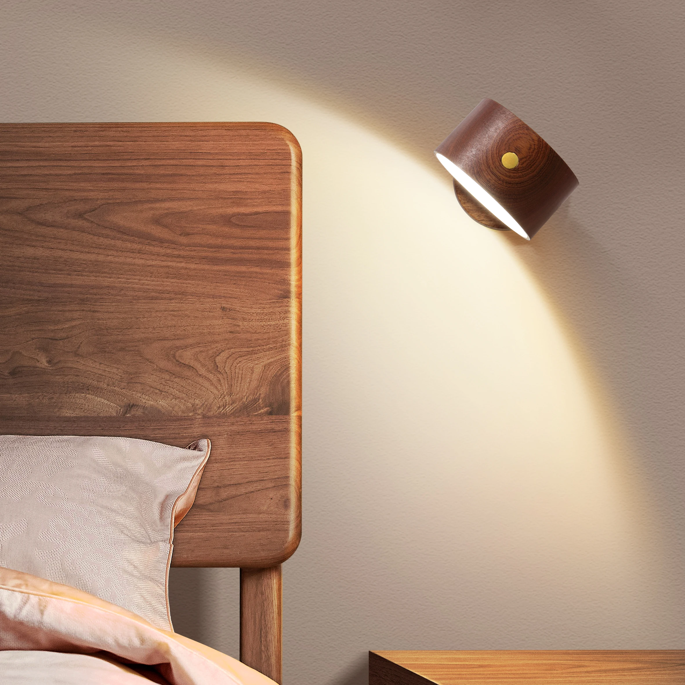 Modern round Wooden Wall Lamp with LED Reading Light 360 Rotation Touch Control Dimmable Rechargeable Power Supply for Bedroom