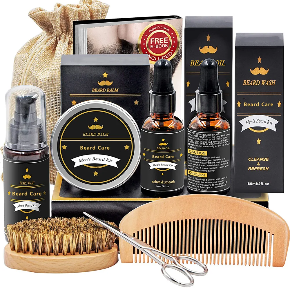 Private Label Beard Brush Comb Balm Set Men Grooming Care Oil Beard Growth Kit