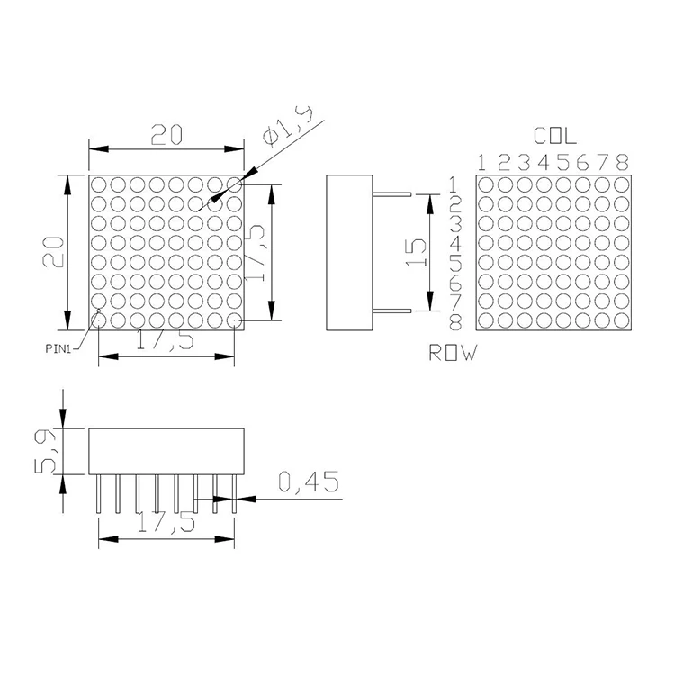 
Red 1.9mm dot 20*20mm led dot matrix display 