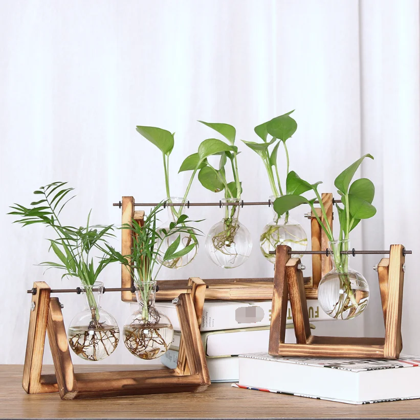 Indoor Wooden Stand Water Planting Propagation Stations Air Glass Planter Bulb Vase Clear Glass Ornaments Plants Terrarium