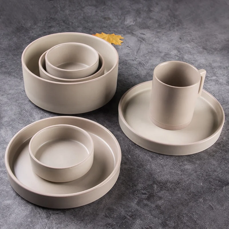Wholesale korea style stocked high quality brown glazed home/restaurant bowl and plate set ceramic