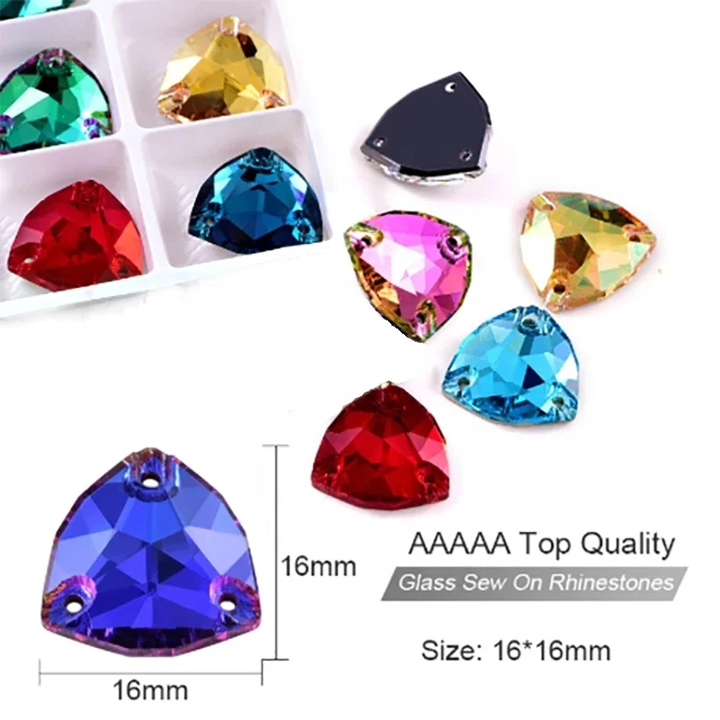 Oleeya 5A Top Quality Crystal Glass Sew On Rhinestones Flatback Over 20 Colors Fat Triangle Sew On Crystals Costume Decoration