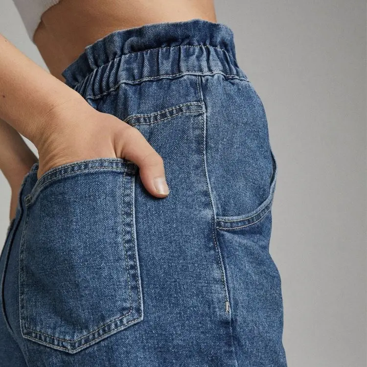 Summer New Style Elastic Waist Roll Up Hem Denim Paper Bag Shorts For Women