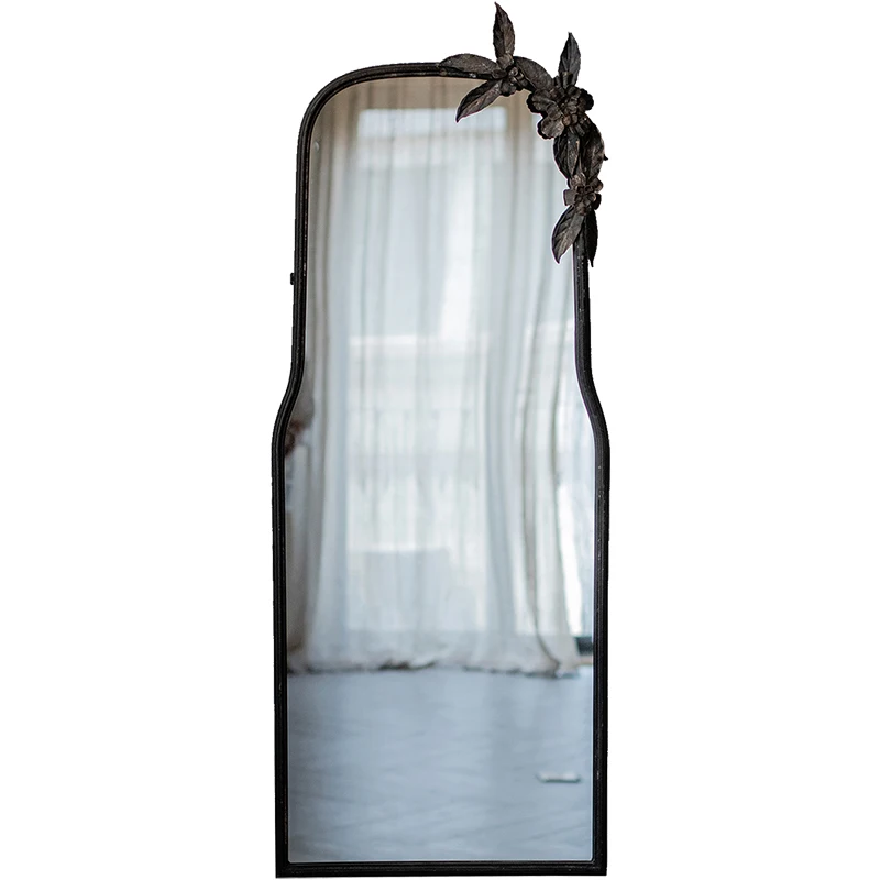 Vintage decorative free standing rustic full length floor metal mirror with flower decor for home iron furniture decor