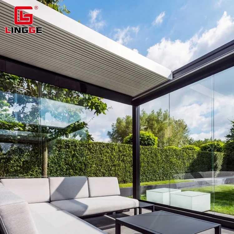 Folding Blinds Gazebo Garden Sunshade Electric Aluminum Gazebo With Light Strip Customizable Color Waterproof Gazebo