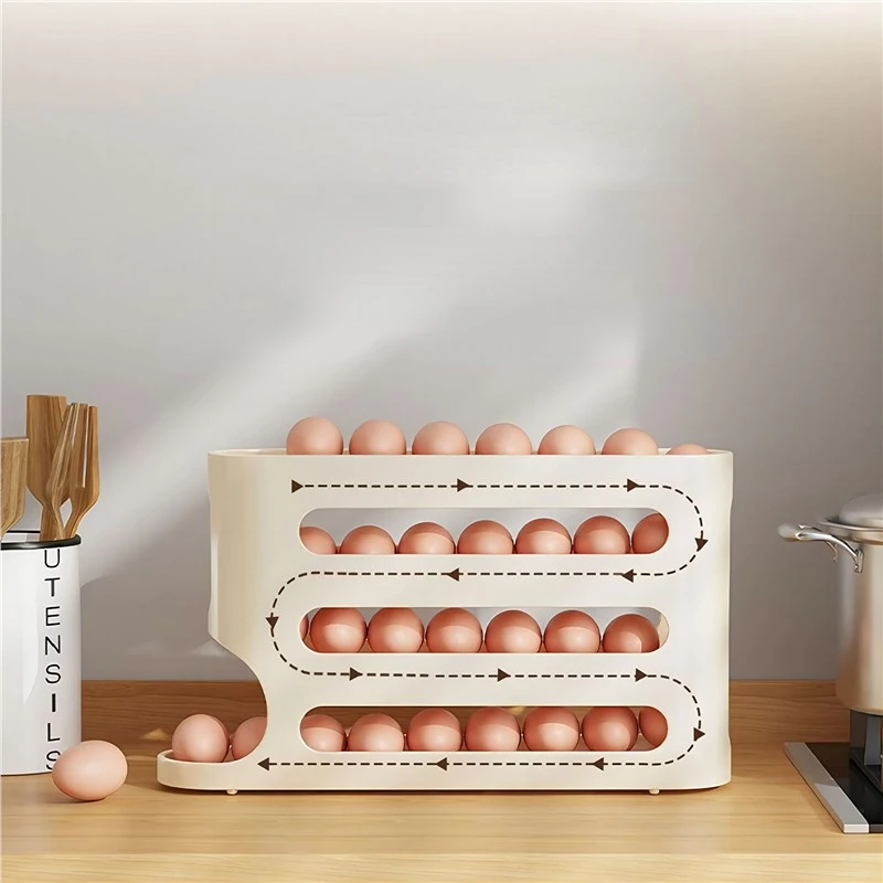 4 Tiers Automatic Refrigerator Egg Holder 30pcs Fresh Eggs Storage Container Box Large Capacity Rolling Egg Rack Dispenser