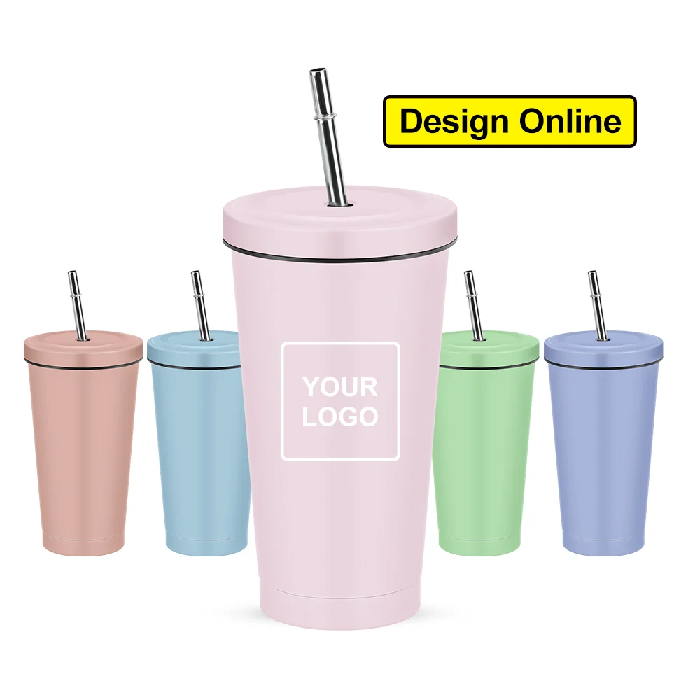 Custom Logo 17 oz Double Walled Stainless Steel Sublimation Inusulated Travel Juice Drink Tumbler With Straw