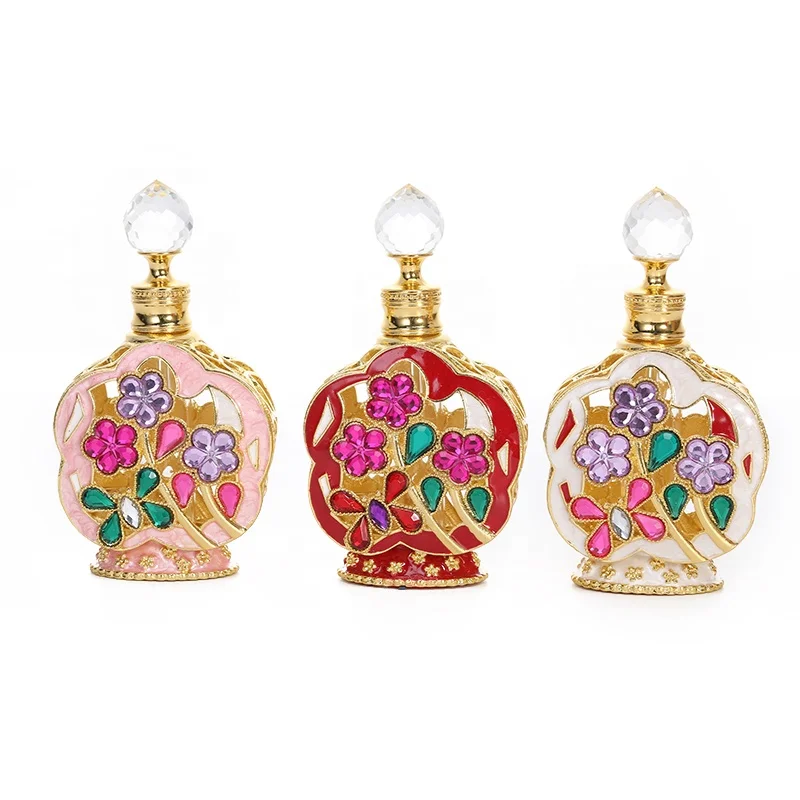 12ml Patented Plum Blossom Flower Jewelry Stones Metal Perfume Bottle Glass Essential 0il Bottle Refillable Attar Bottles#12101