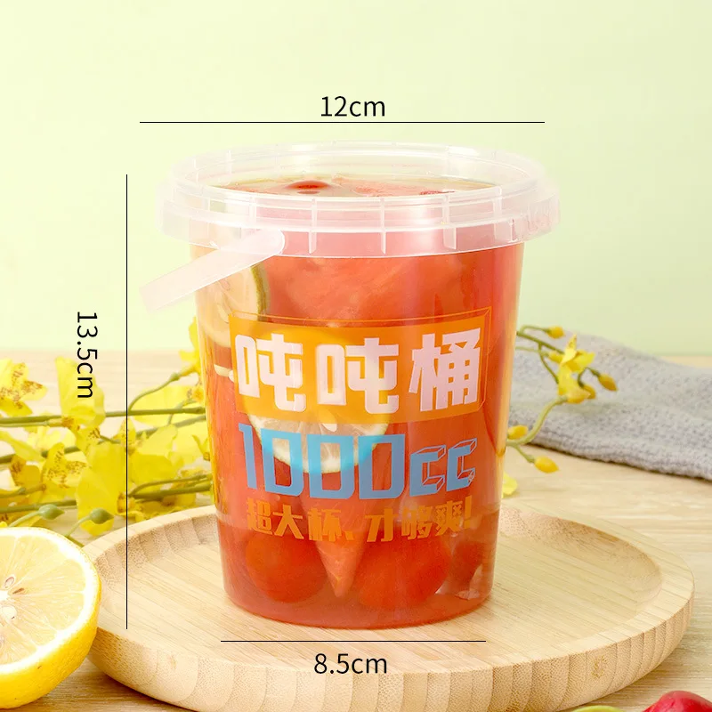 Wholesale disposable Boba Barrel with cover PP transparent plastic fruit drink bucket with handle