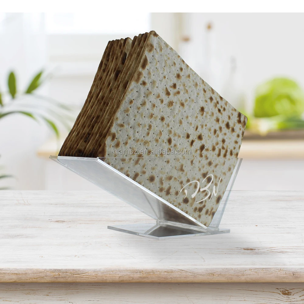Passover Gelatin matzah holder with silver swirled text Transparent triangular box