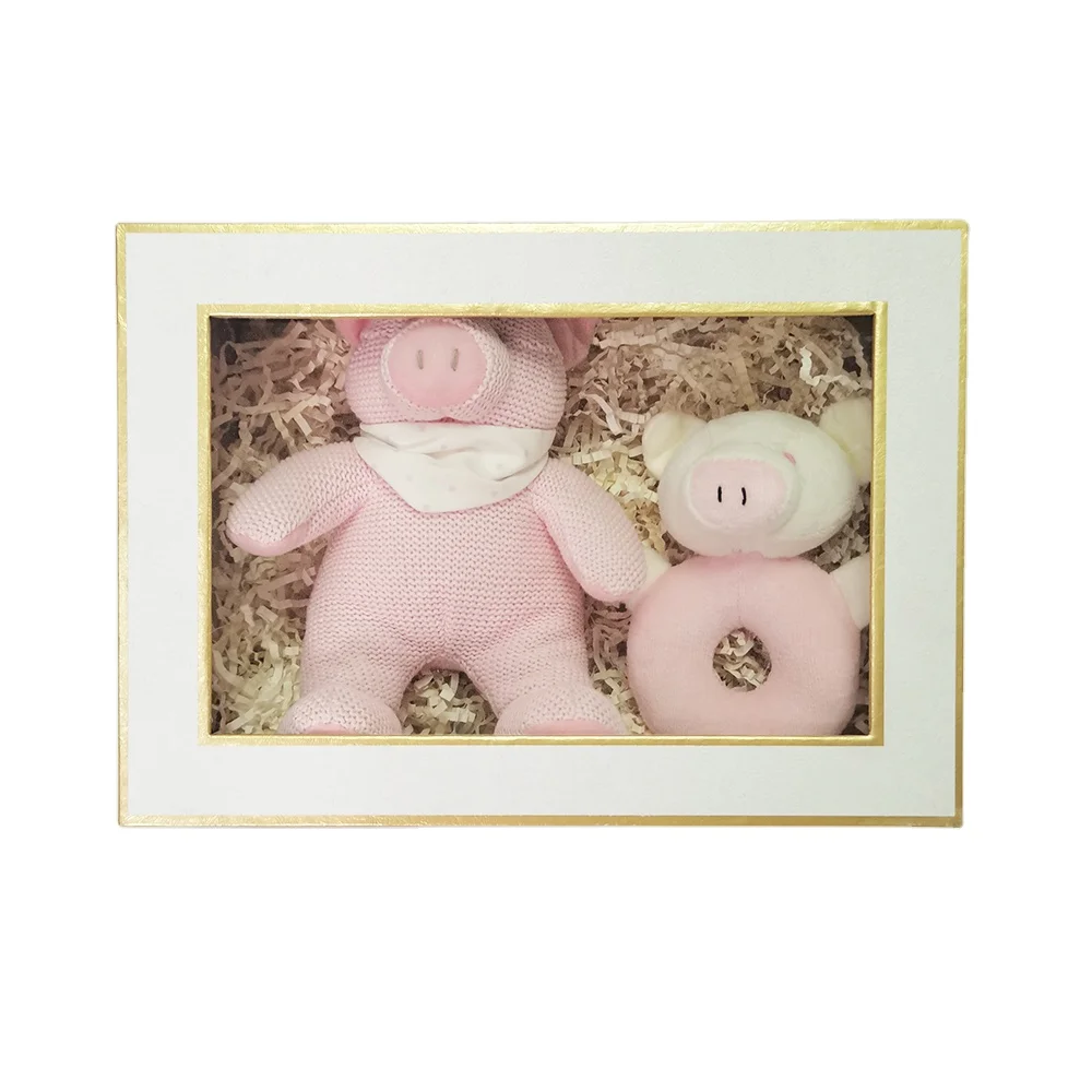 customized logo design baby toy pink knit pig with rattle with window box as a gift set