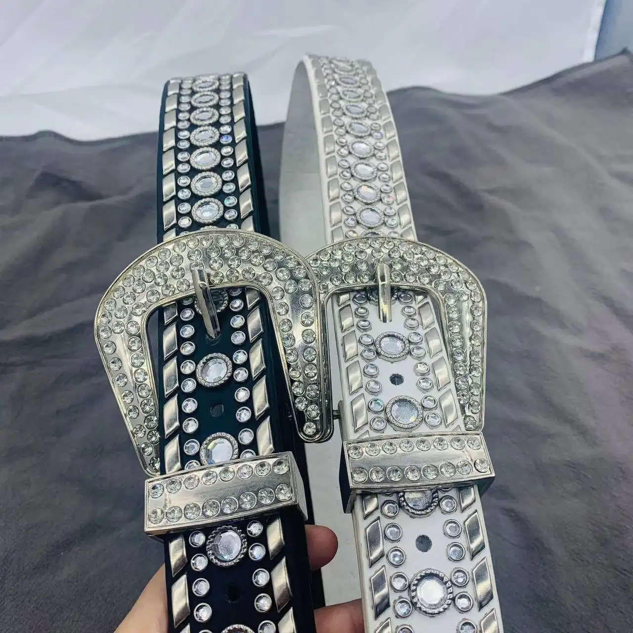 Luxury Western Cowboy Studded Crystal Beaded Diamond PU Leather Blue Glitter Rhinestone Belts For Men Women