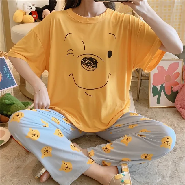 
 Летние тонкие длинные брюки с коротким рукавом, Женская милая пижама из молочного шелка с мультяшным рисунком  