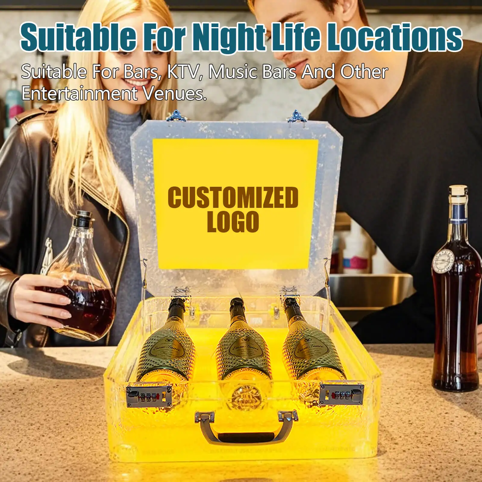 Custom Colorful Acrylic 3-Bottle Carry Case Durable Stylish Roller Bottle Display Champagne Parties Nightclubs LED Light Source
