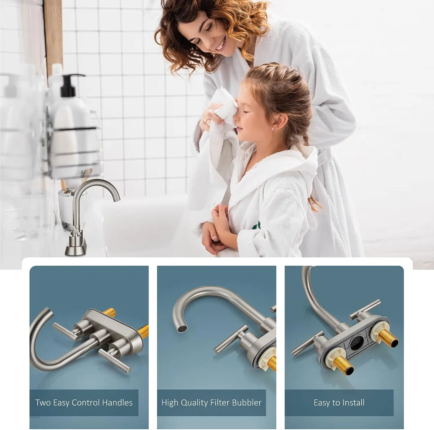 Two Holes Three Holes Brushed Gold Stainless Steel Double Handle Centerset Bathroom Faucet Basin Mixer Tap