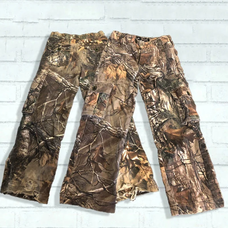 Custom wholesale straight leg ripped digital print utility cargo jeans heavyweight vintage tree camo baggy jeans