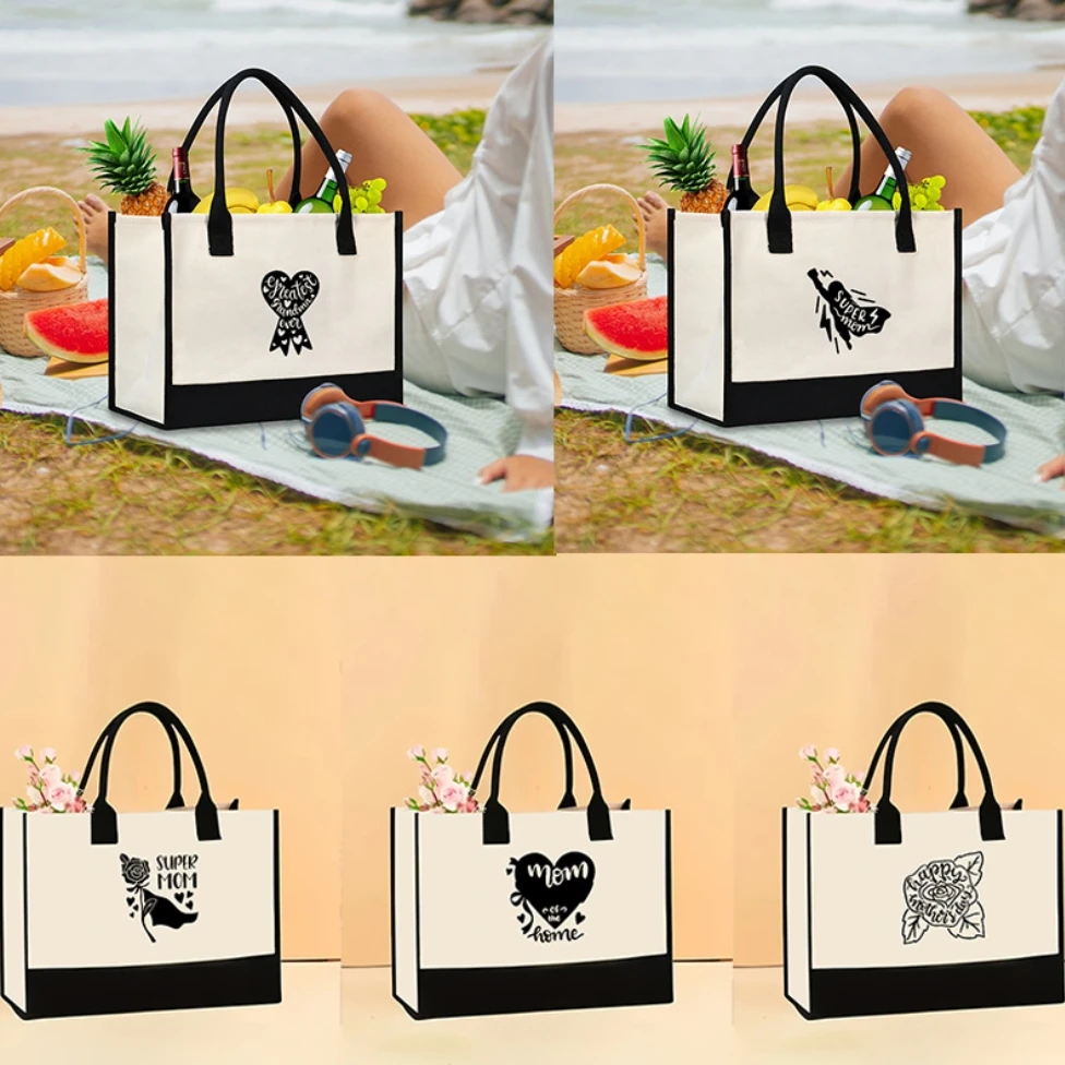 Wholesale Personalized Mother Designs Printed Shopping Bags Large Capacity Cotton Linen Portable Beach Bag Women Canvas Handbag