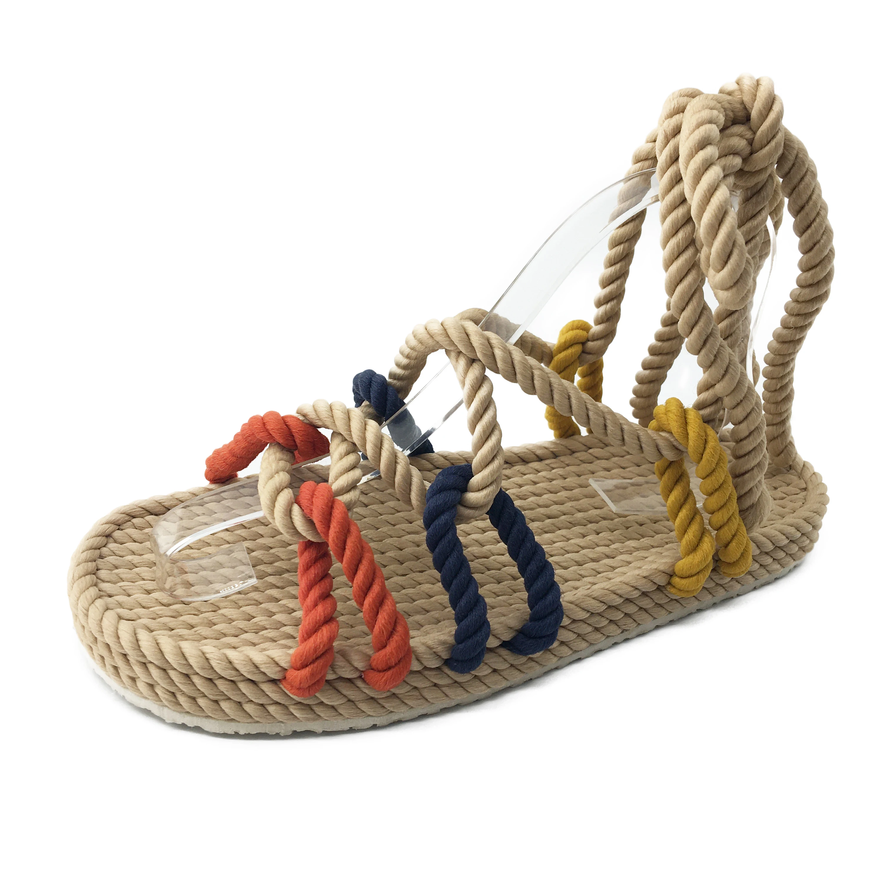 Female Handmade hemp rope lady women summer sandals Strap Rope mesh Straw Flat Shoes Roman Sandal Natural Rattan Grass Weaving