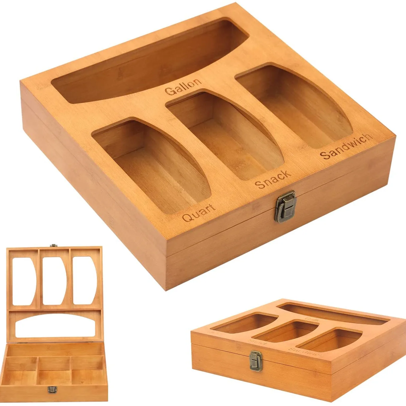 Bamboo and wood preservation bag storage box kitchen drawer organizer storage box wooden multi-grid ziplock bag garbage bag stor