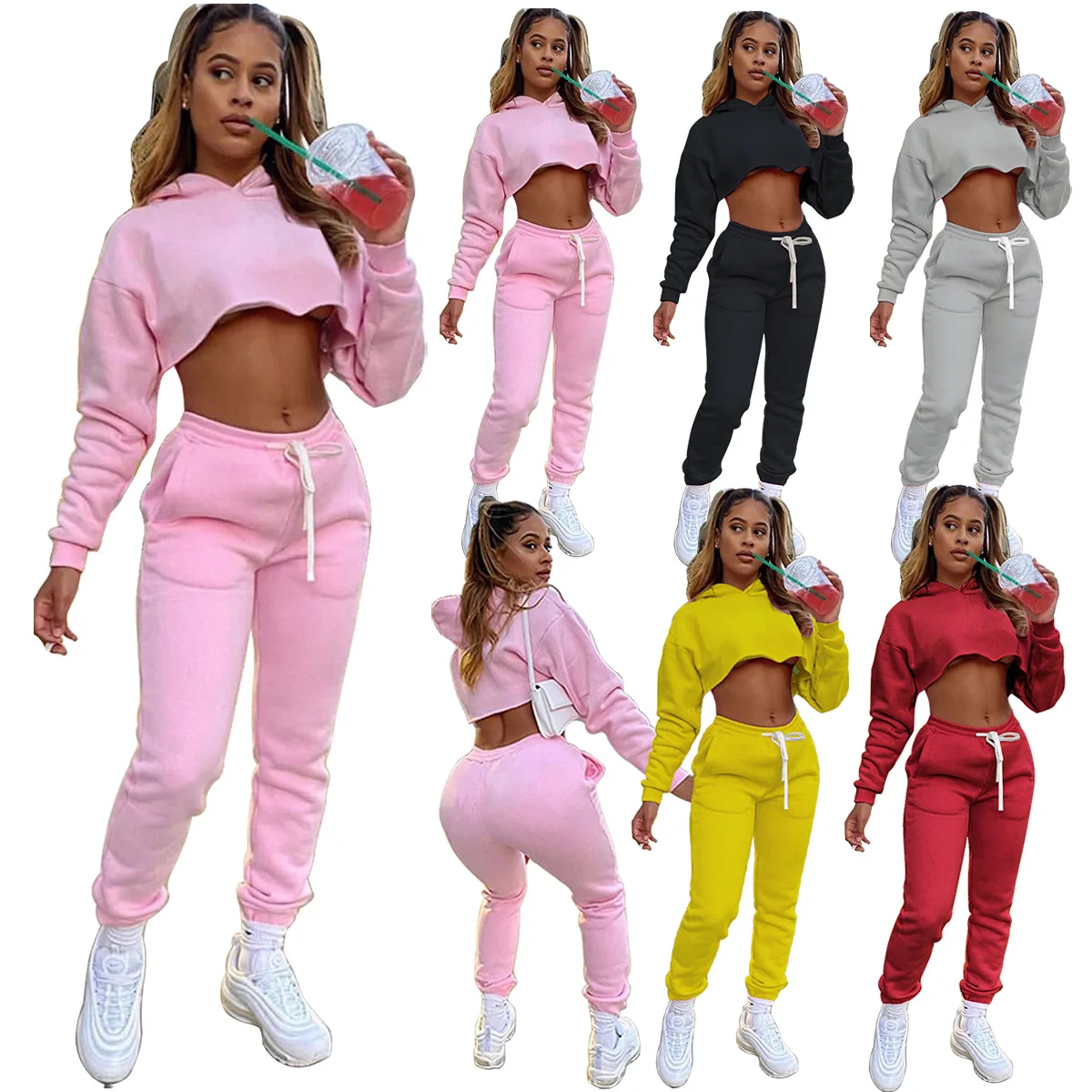 
2021 New Arrivals Fashion Plus Size Women Casual Hooded Long Sleeve Crop Waist Drawstring Pants Solid 2 Pieces Set Tracksuit 