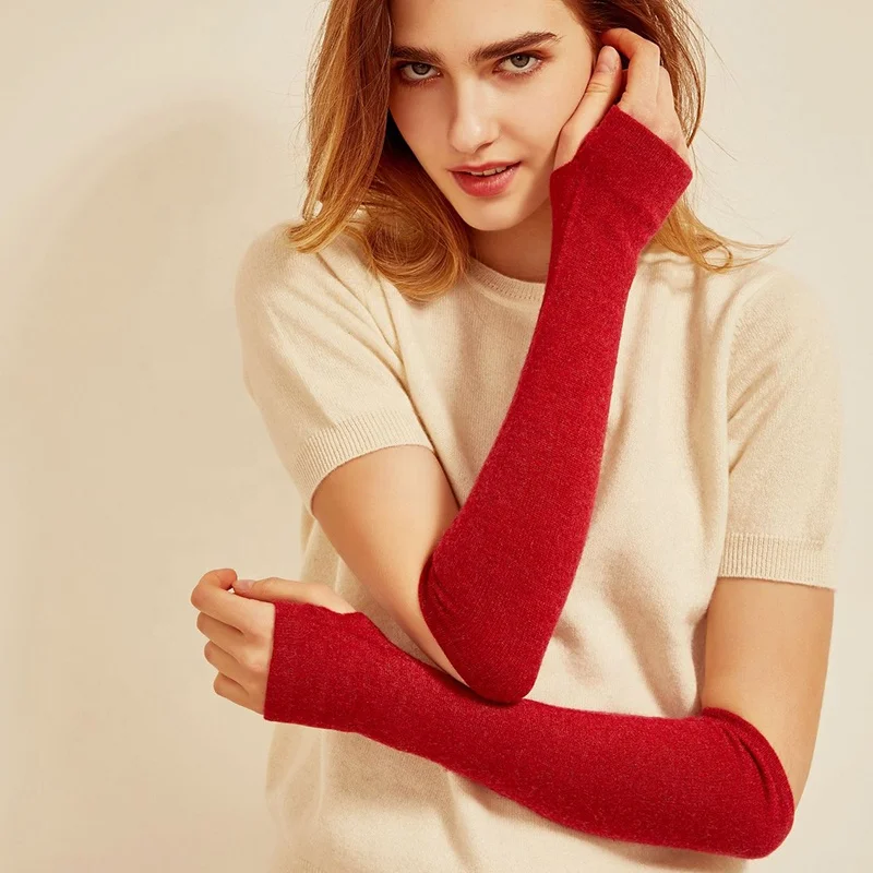 Женские вязаные перчатки до локтя из чистого кашемира мериносовой шерсти с отверстием для большого