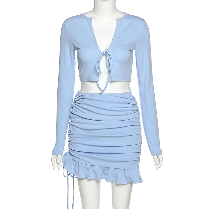 Women 2 Peice  Short Sets Drawstring  Crop Top  Ruched Skirt With Lace Triming