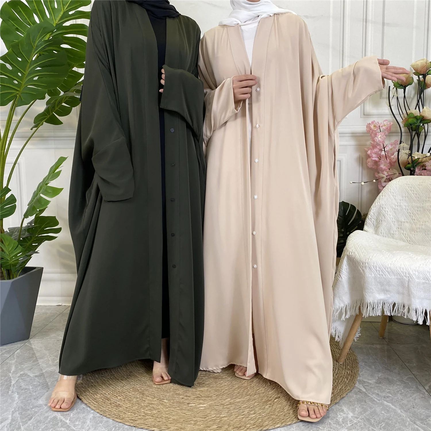 1923# 10 Colors Abaya Long Dress for Eid Mubarak Jilbab Front Open Buttons Closed Kaftan Muslim Women Islamic Clothing 2022