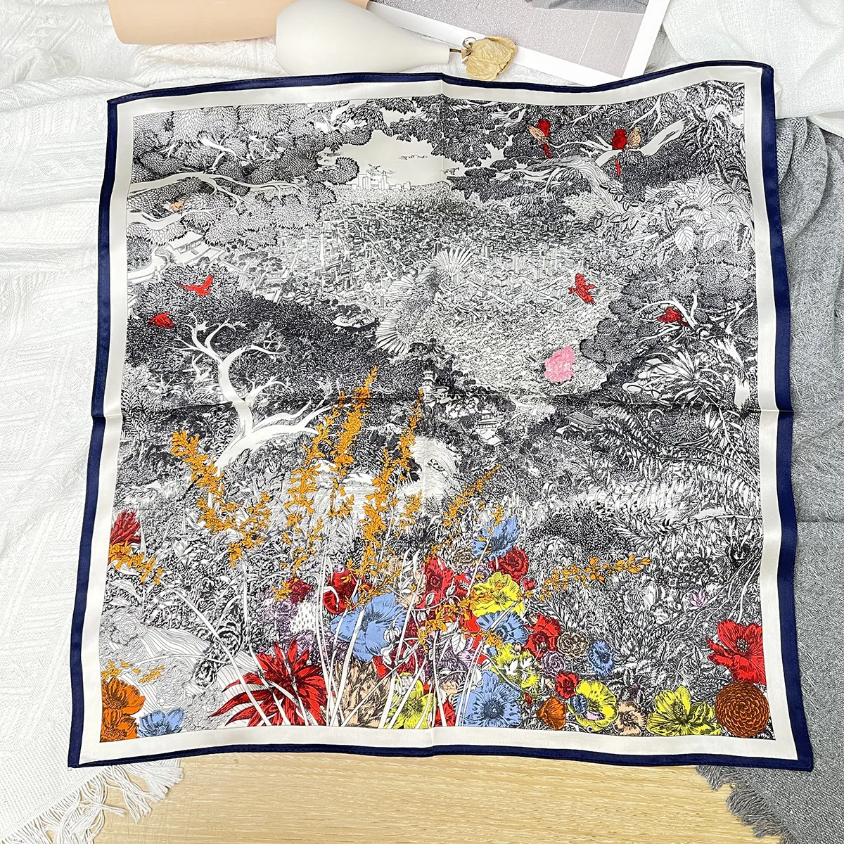 Return to nature new printed 100% mulberry silk scarves summer all match silk 53cm small square scarves factory direct