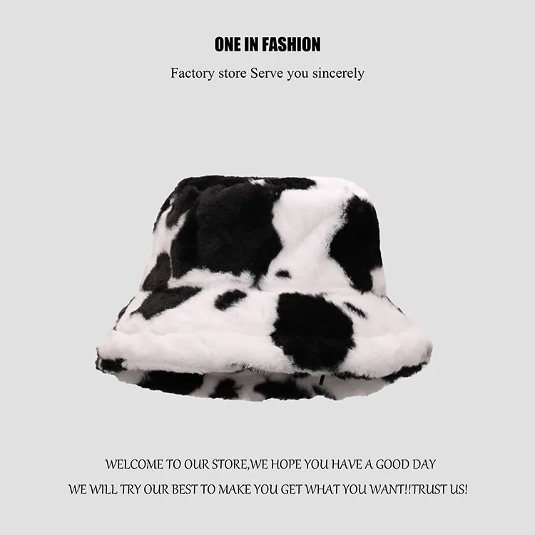 Europe  fashionable cow pattern plush retro fisherman hat thick warm hat in autumn and winter Korean female Joker basin hat