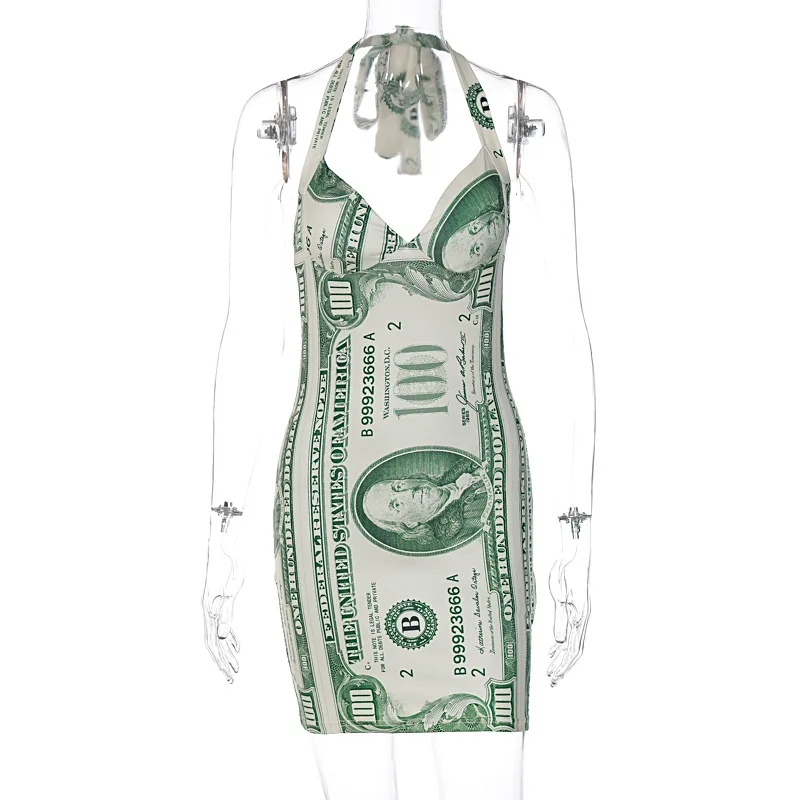 New Fashion Dollar Printing V-neck Backless Halter Girl Dress Wholesale