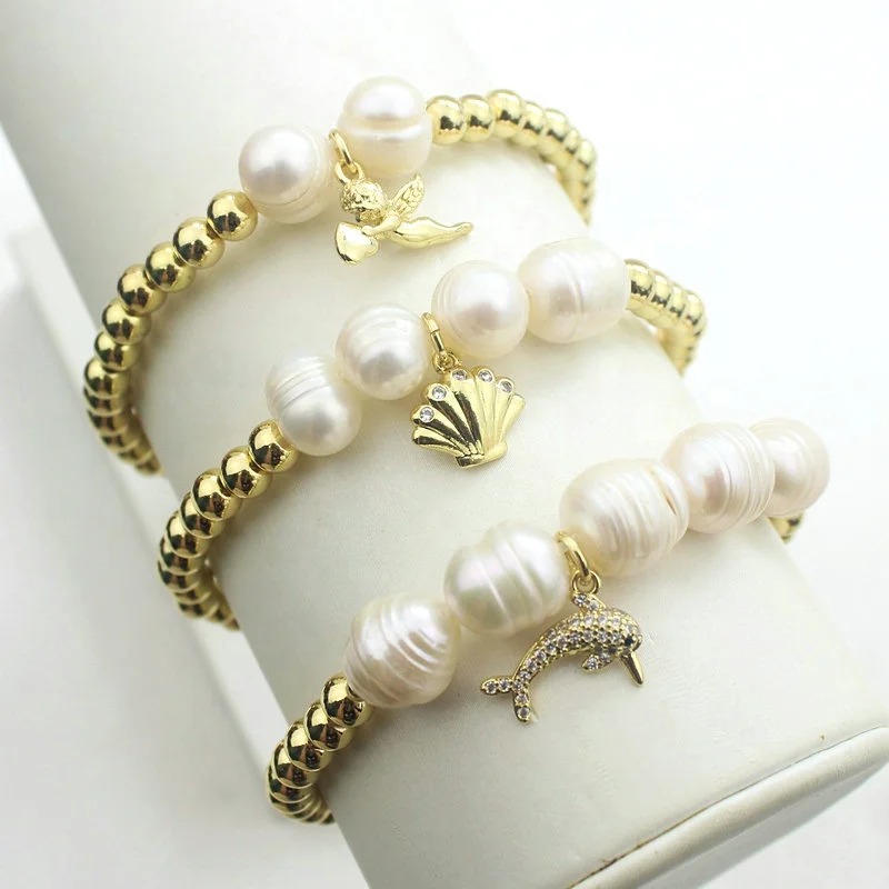 CH-JDT0282 Beautiful Freshwater Pearl Beads Elastic Bracelet Fashion Micro Pave CZ Shell/Angel/Dolphins Charm Bracelet Wholesale