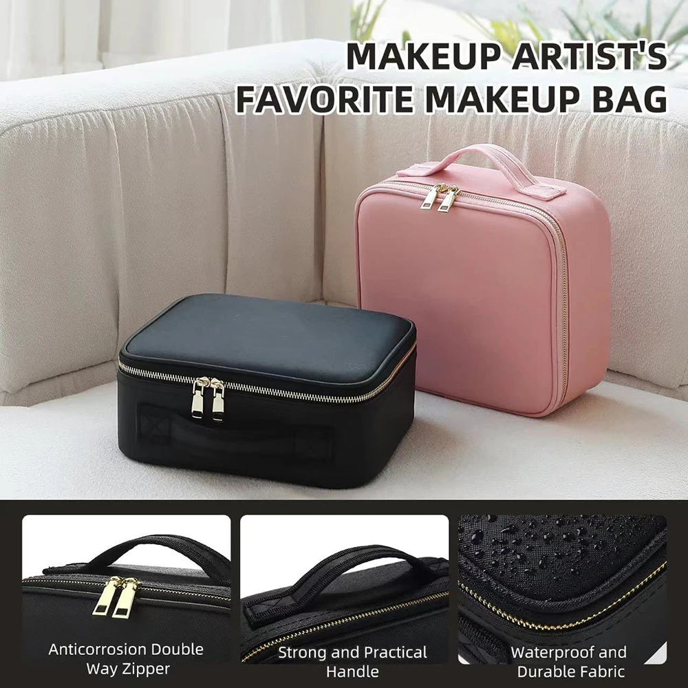 Travel Makeup Bag with LED Cosmetic Mirror Portable Adjustable Light Table Mirror Train Case Organizer with Adjustable Dividers